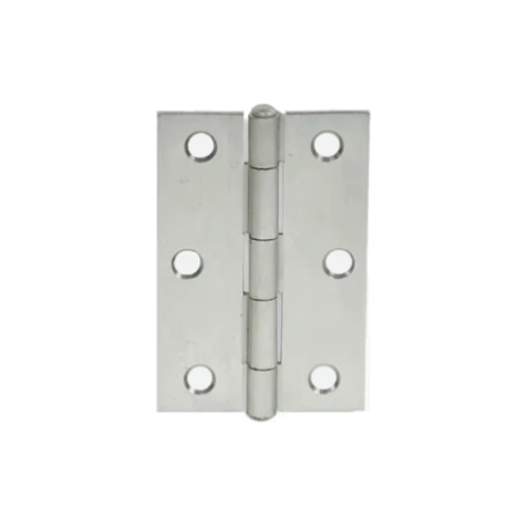 Silver metal door hinge with six mounting holes displayed above the label “Construction & Hardware".