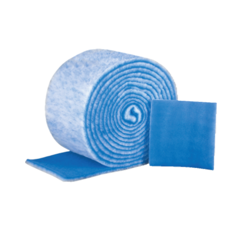 Blue roll of air filter media with a cut sheet displayed above the label “Filtration". 
