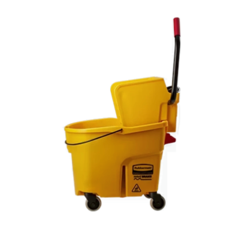 Yellow commercial mop bucket with wringer and wheels displayed above the label “Janitorial & Sanitation". 