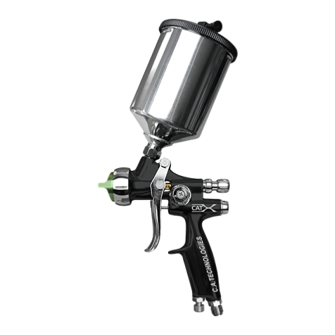 Gravity-feed spray gun with metal paint cup displayed above the label “Liquid Spray Equipment".