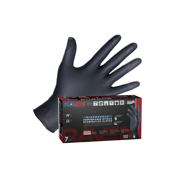 66483 LARGE RAVEN PATRIOT POWDER-FREE EXAM GRADE NITRILE DISPOSABLE GLOVES - 7 MIL - 50/BOX