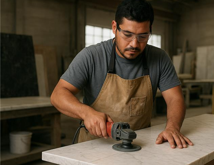 Fabricator polishing a stone countertop with a power tool, with overlay text reading “Countertop Fabrication & Installation” and a “Shop Now” button. 